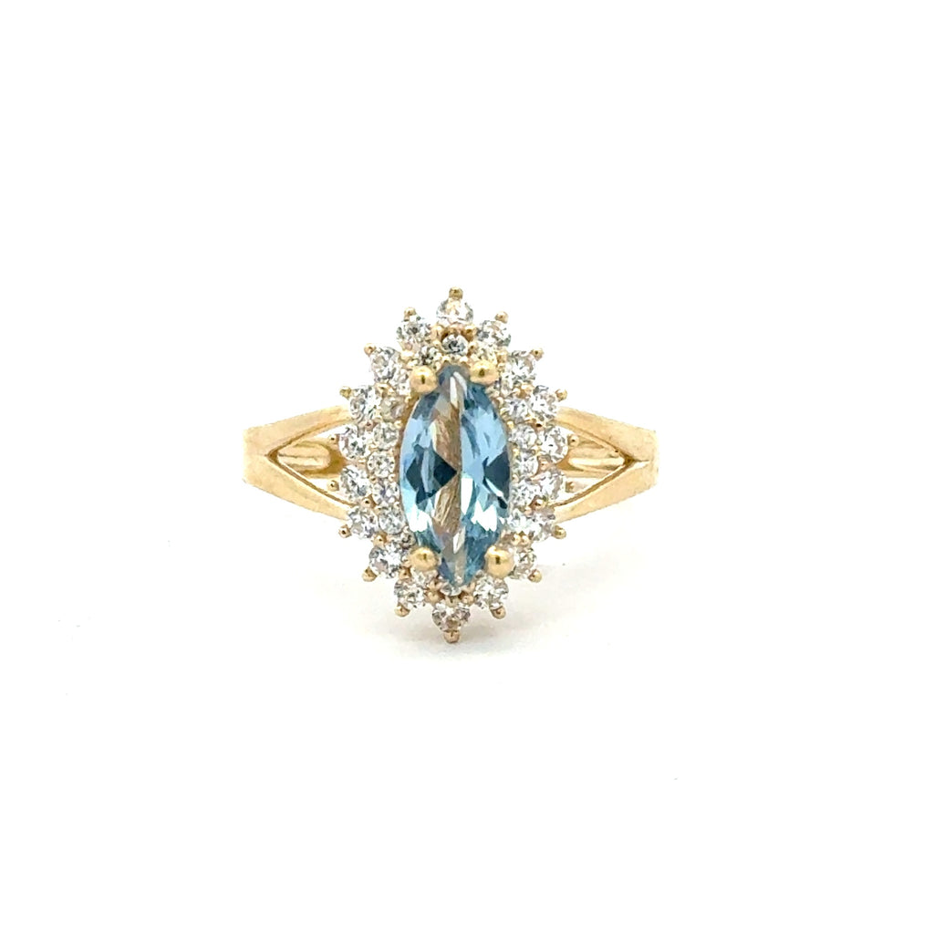 Ring Floral Women Blue Cat Eye Stone 6.5 2mm 10K
