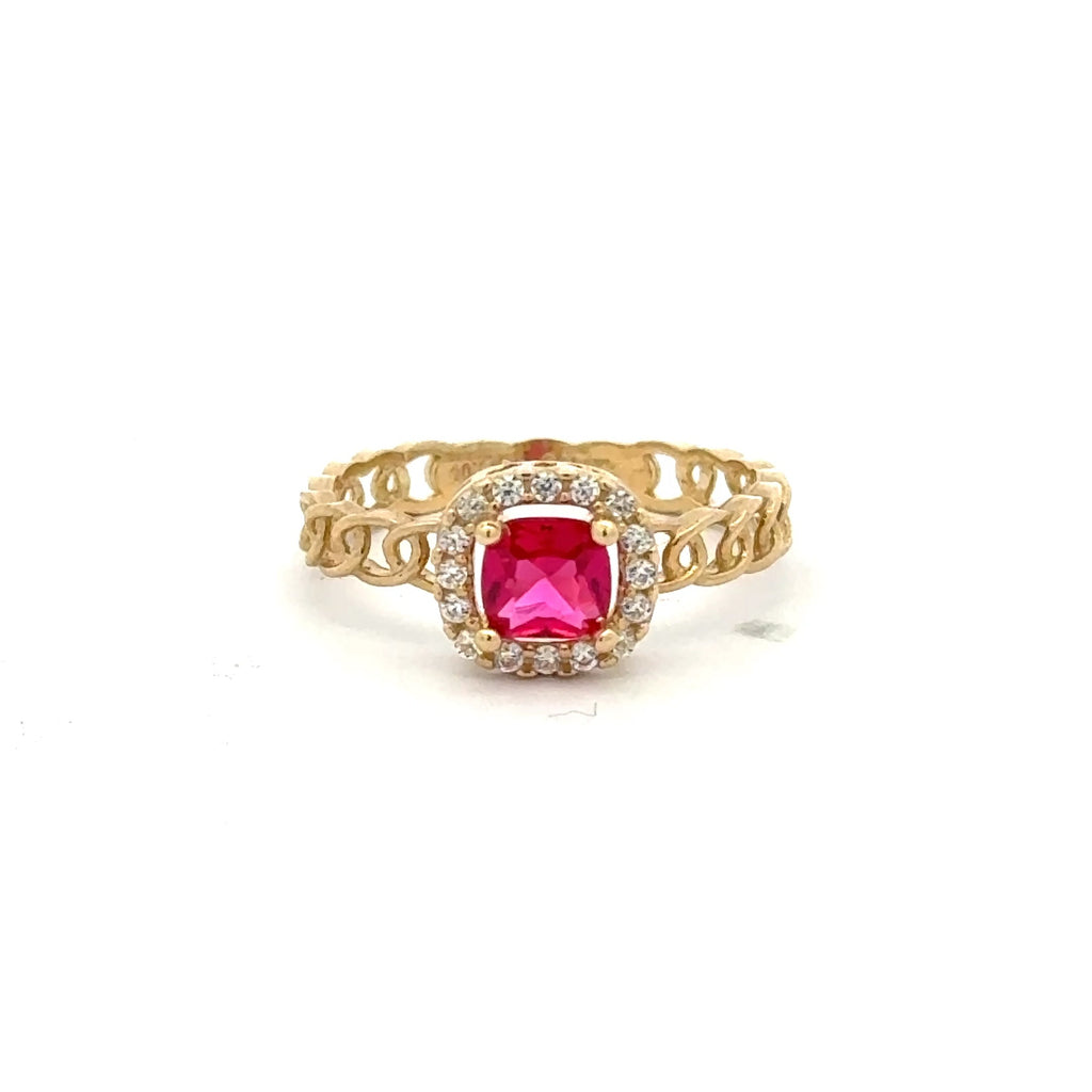 Ring Link Band Wine Square Stone and CZ 7 2.5mm 10K