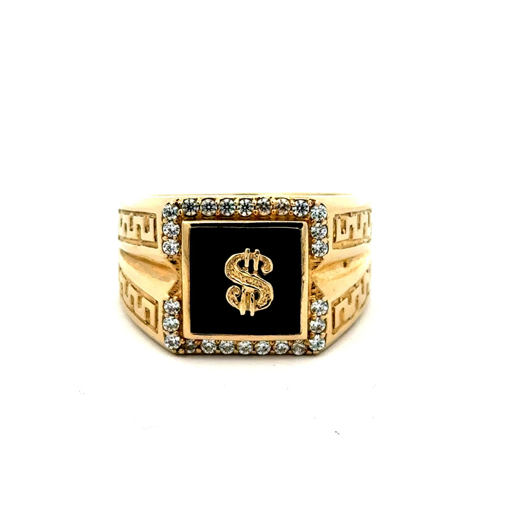 Ring Greek Key V-Pattern with Dollar Sign on Onyx & CZ 10.5 5.5mm 10K