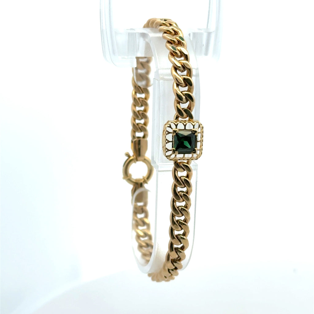Bracelet Hollow Cuban with Green Stone Detail 6.5mm 7" 10K