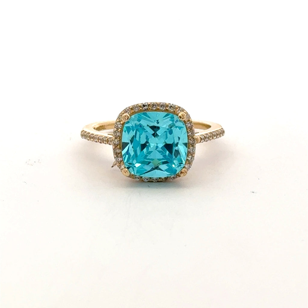 Ring Women Sky Blue Square Stone and CZ 6.5 1.5mm 10K