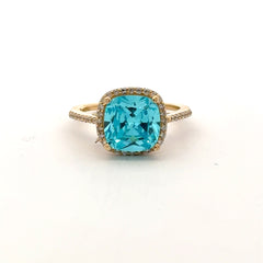 Ring Women Sky Blue Square Stone and CZ 6.5 1.5mm 10K