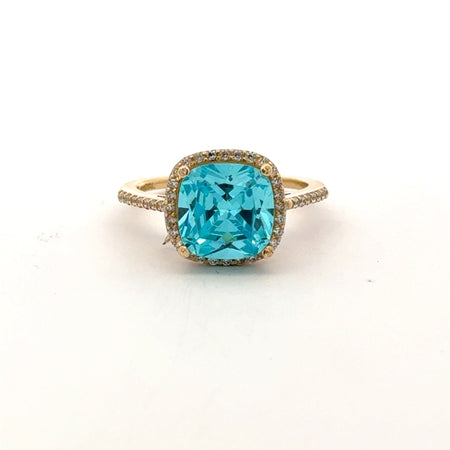 Ring Women Sky Blue Square Stone and CZ 6.5 1.5mm 10K