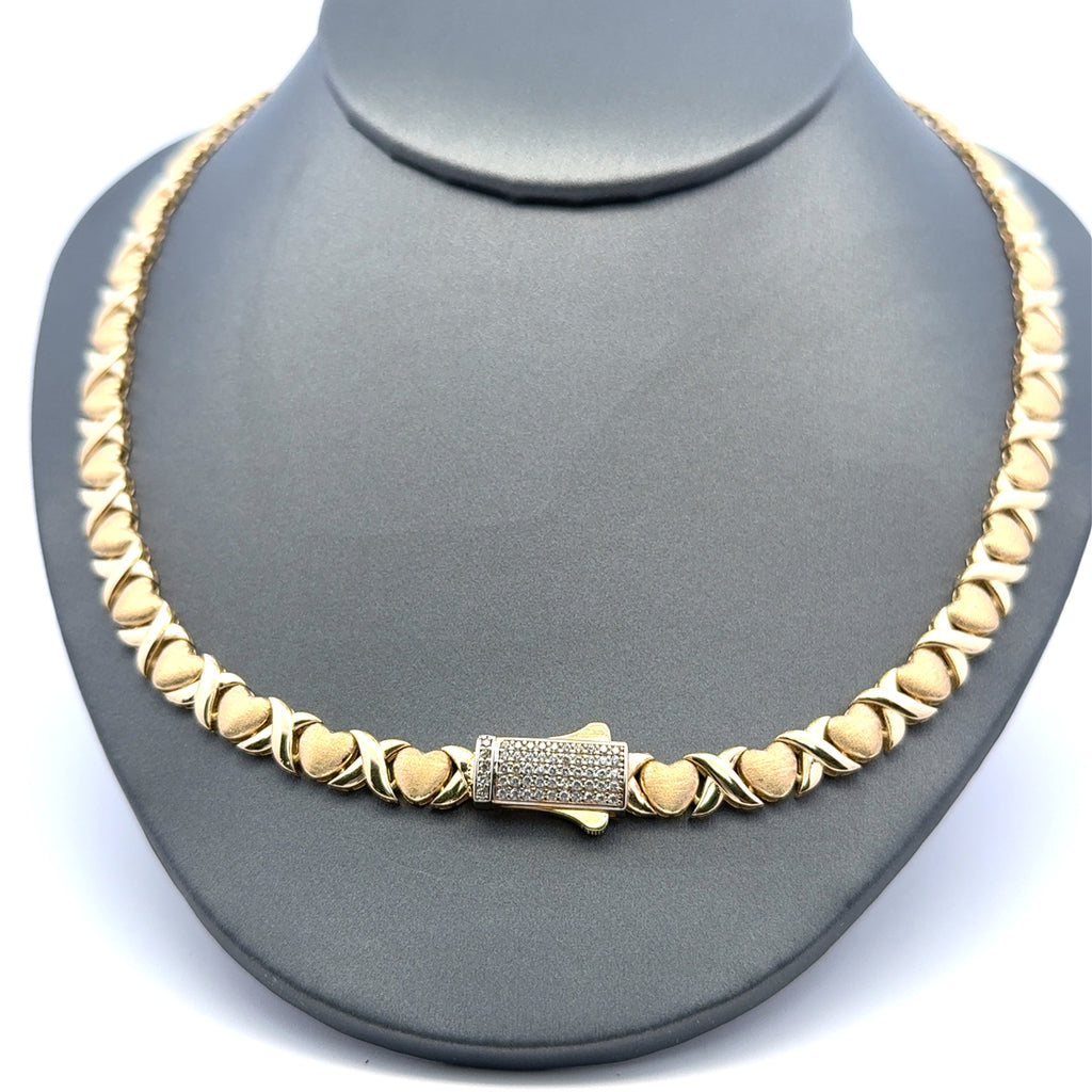 Necklaces Textured Heart&X with CZ-Iced Sleek Lock 6.5mm 17" 14K