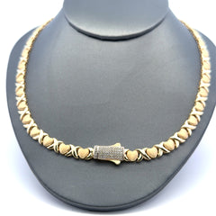Necklaces Textured Heart&X with CZ-Iced Sleek Lock 6.5mm 17" 14K