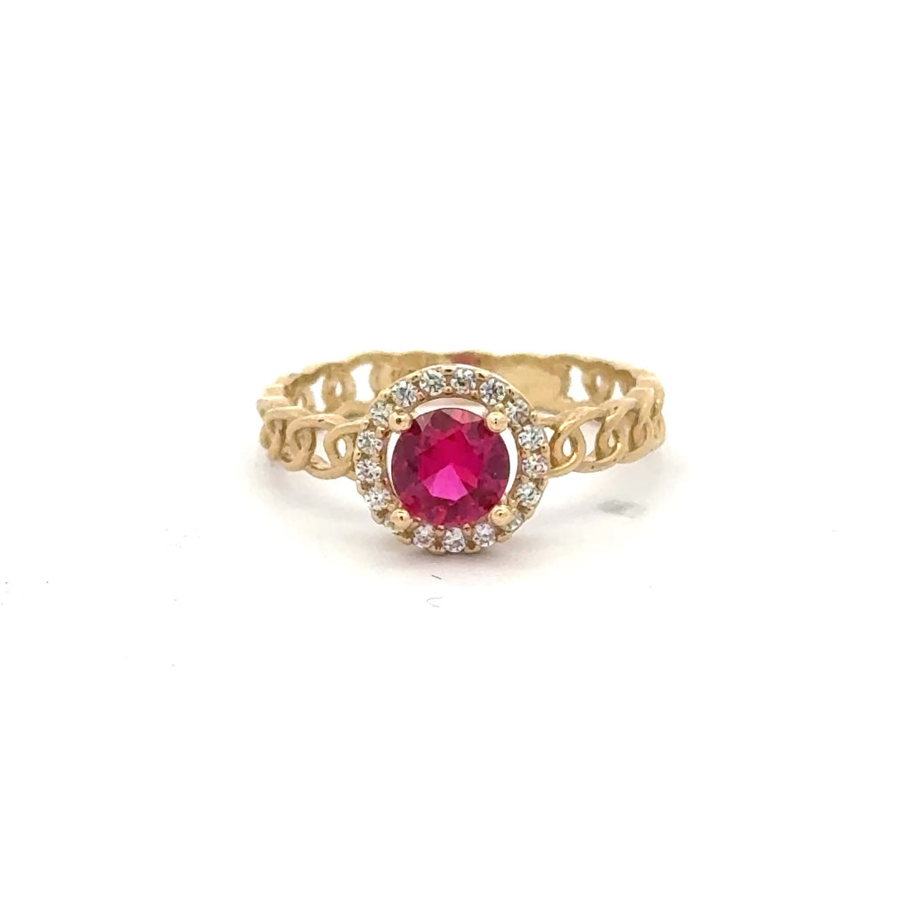 Ring Link Band Wine Round Stone and CZ 7 1.5mm 10K