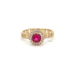 Ring Link Band Wine Round Stone and CZ 7 1.5mm 10K