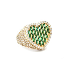 Ring CZ-Iced with Green Baguette Stones in Big Heart 7.5 3.5mm 10K