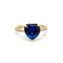 Ring Women CZ-Iced Band Royal Blue Heart Stone 7 1.5mm 10K