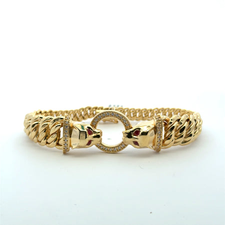 Bracelet Princess Cut with Panther Heads on Pave Ring 19.5mm 7.5" 14K