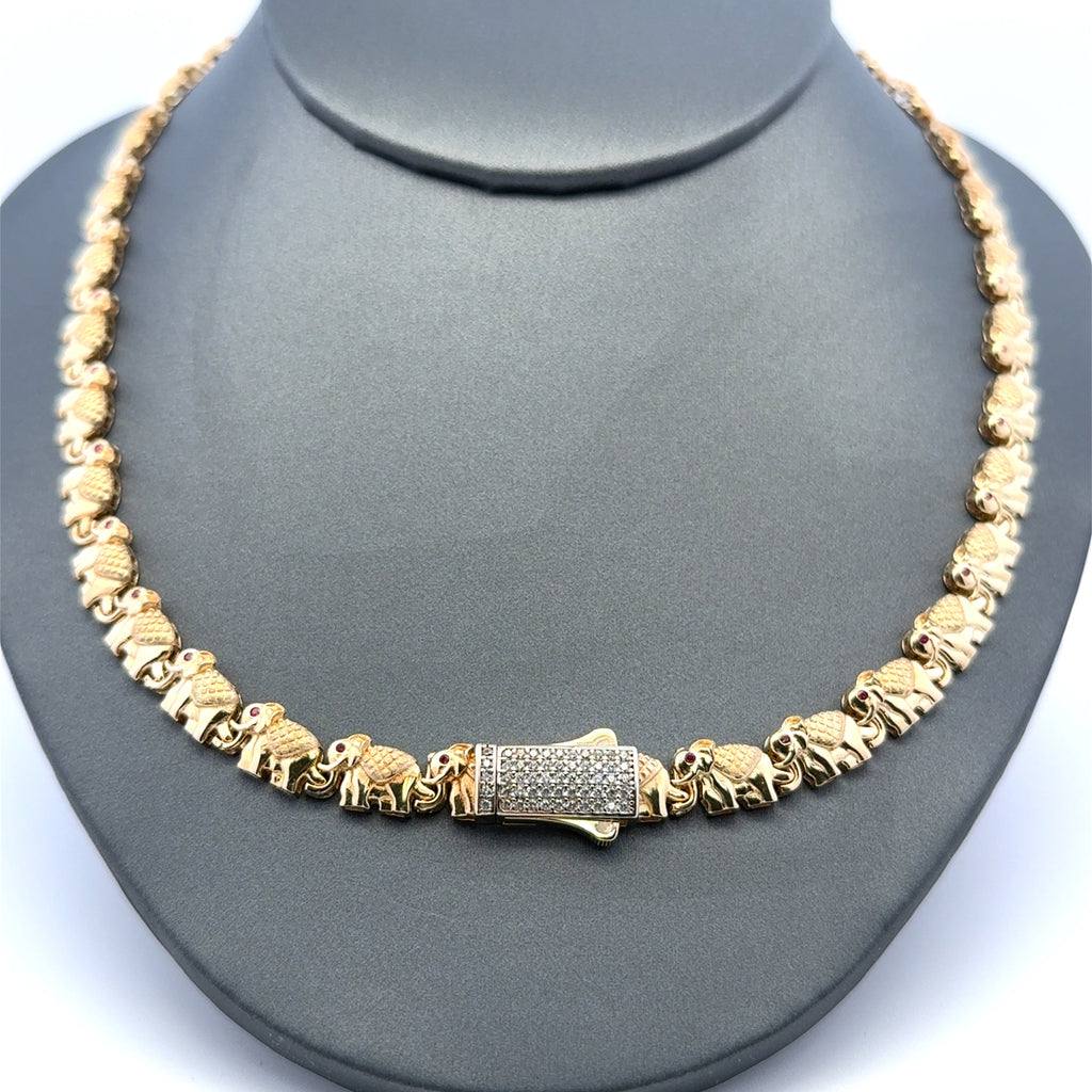 Necklaces Red Eye Elephant Link with CZ-Iced Sleek Lock 7.5mm 17" 14K