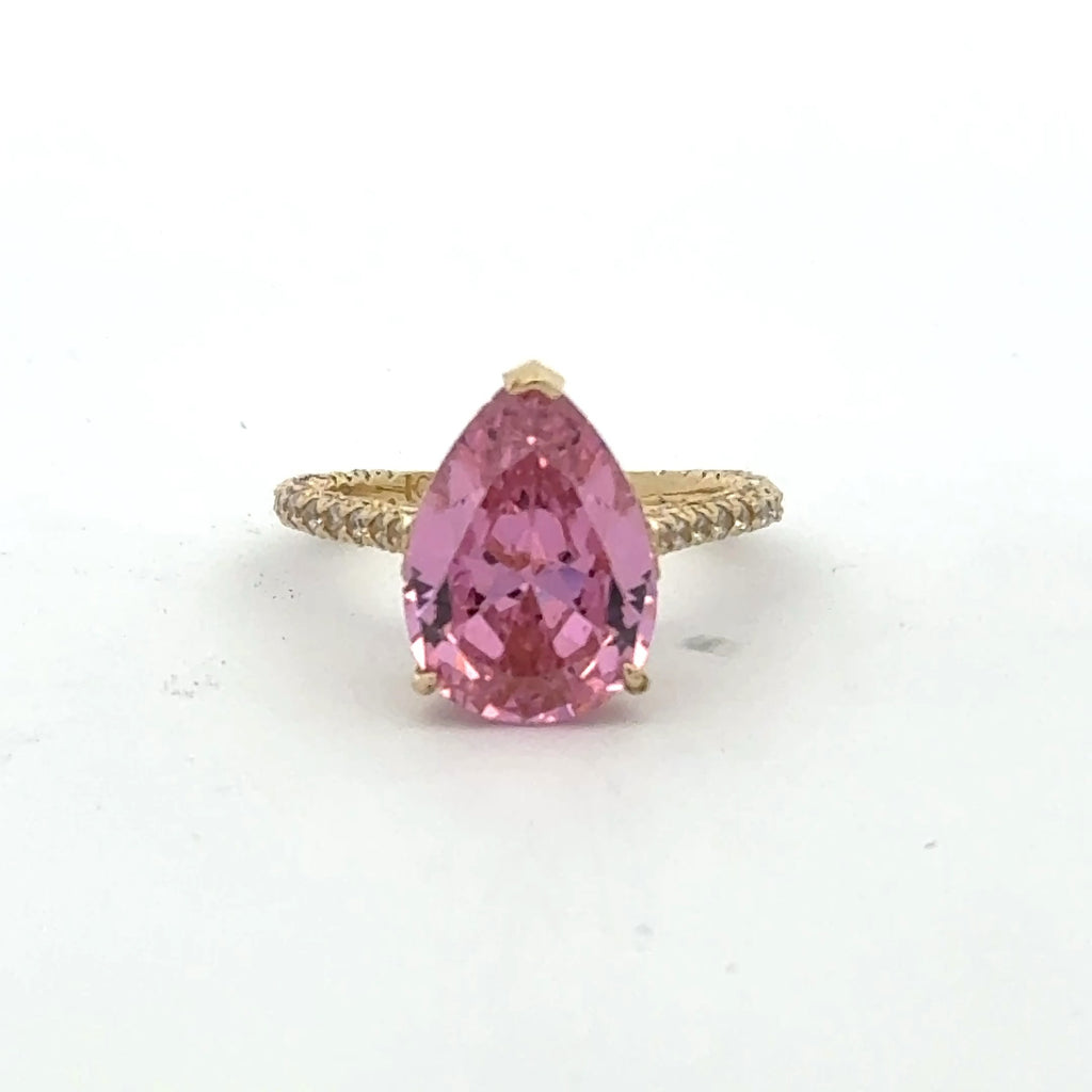 Ring Women CZ-Iced Band Rose Teardrop Stone 7 1.5mm 10K