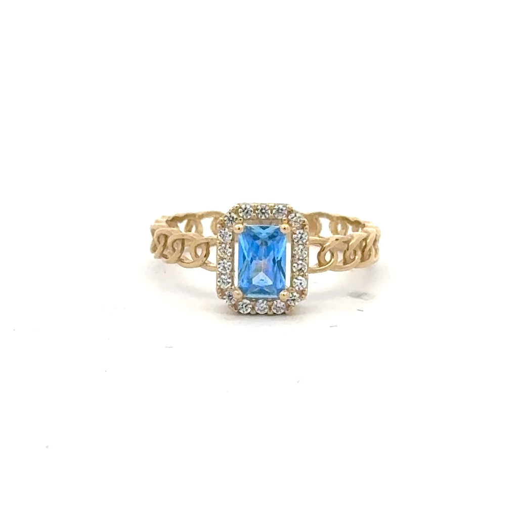 Ring Link Band Sky Blue Rect Stone and CZ 7 2.5mm 10K