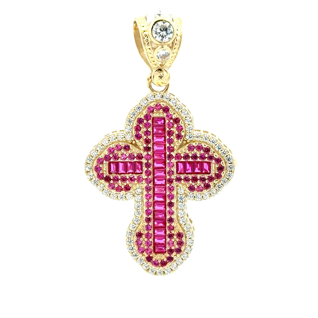 Pendant CZ-Iced with Pink Baguette Stones in Trefoil Cross 48.5 10K