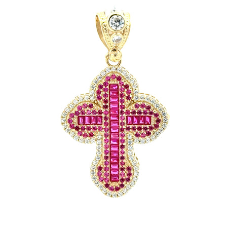Pendant CZ-Iced with Pink Baguette Stones in Trefoil Cross 48.5 10K