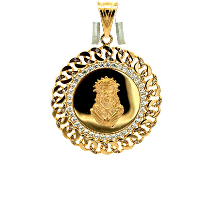 Pendant Two-Tone Openwork Medallion with CZ & Jesus Face 48.5 10K