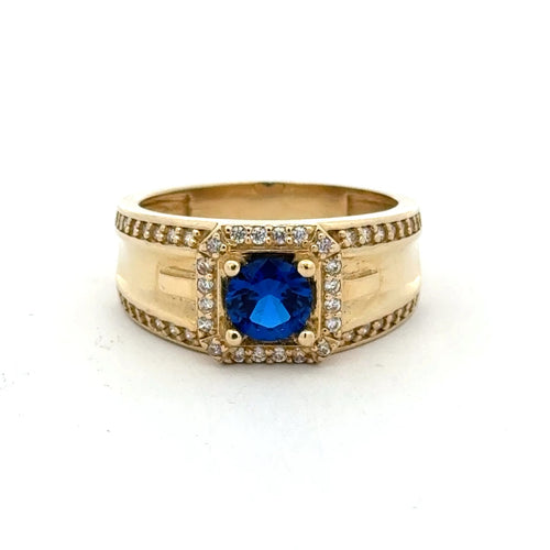 Ring DBL Channel-Set CZ & Halo Royal Blue Round Stone 10.5 5mm 10K
