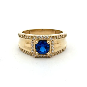 Ring DBL Channel-Set CZ & Halo Royal Blue Round Stone 10.5 5mm 10K