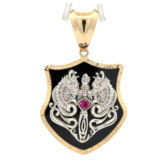 Pendant Dragons & Sword on Onyx Shield 57.5 10K