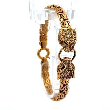 Bracelet Byzantine with Animal Heads & CZ on Ring 7mm 7.5" 14K