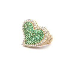 Ring CZ-Iced Big Green Heart Motif 7.5 3mm 10K