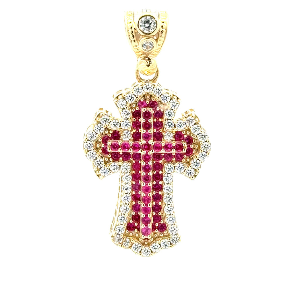 Pendant CZ-Iced Embellished Pink Stepped Latin Cross 41.5 10K