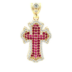 Pendant CZ-Iced Embellished Pink Stepped Latin Cross 41.5 10K