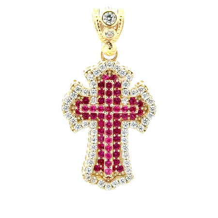 Pendant CZ-Iced Embellished Pink Stepped Latin Cross 41.5 10K