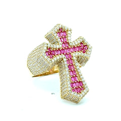 Ring CZ-Iced Big Pink Pattee Cross 10.5 4.5mm 10K