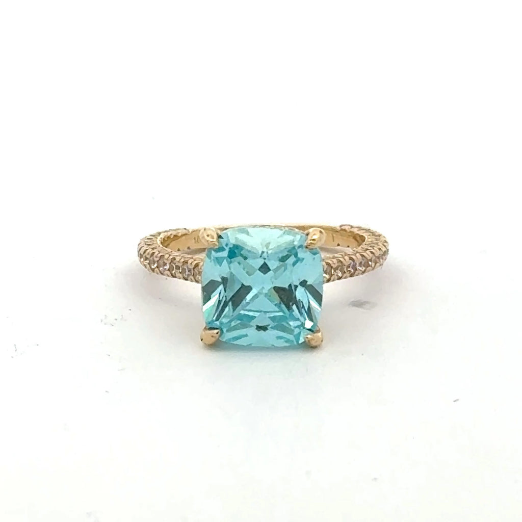 Ring Women CZ-Iced Band Sky Blue Square Stone 7 1.5mm 10K