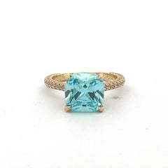 Ring Women CZ-Iced Band Sky Blue Square Stone 7 1.5mm 10K