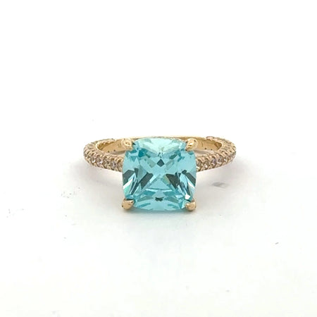 Ring Women CZ-Iced Band Sky Blue Square Stone 7 1.5mm 10K