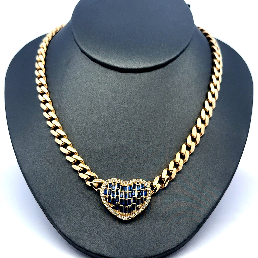 Necklaces Monaco with Blue Stoned Heart CZ-Edged 6.5mm 18" 14K
