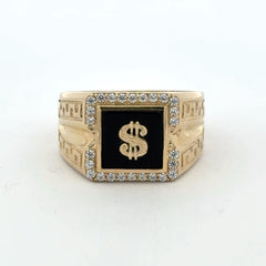 Ring Greek Key V-Pattern with Dollar Sign on Onyx & CZ 11 5.5mm 10K