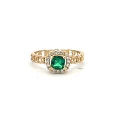Ring Link Band Green Square Stone and CZ 7 2.5mm 10K