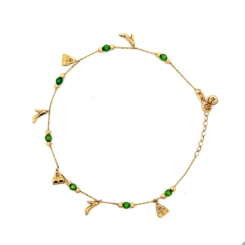Anklet Stiletto & Purse Charm Station w Faceted Beads 3mm 9" 14K