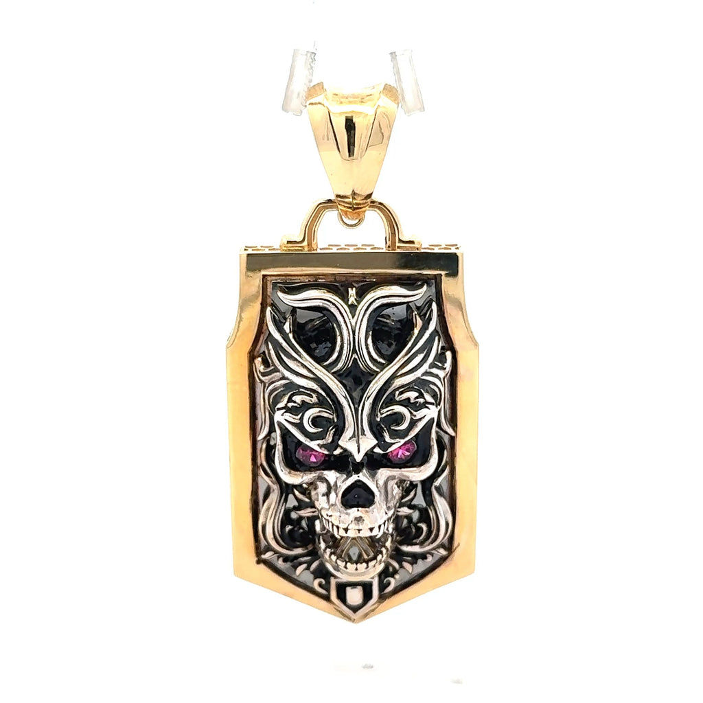 Pendant Red-Eyed Black Embellished Skull Shield 62.5 10K