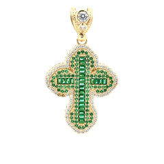 Pendant CZ-Iced with Green Baguette Stones in Trefoil Cross 48.5 10K