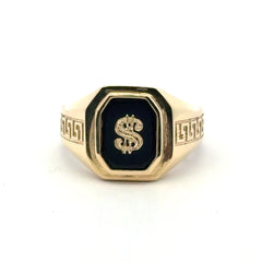 Ring Greek Key and Dollar Sign on Onyx 10.5 4mm 10K