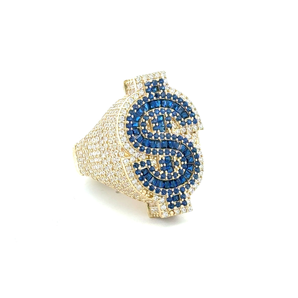 Ring CZ-Iced Big Blue Dollar Sign 10.5 5mm 10K