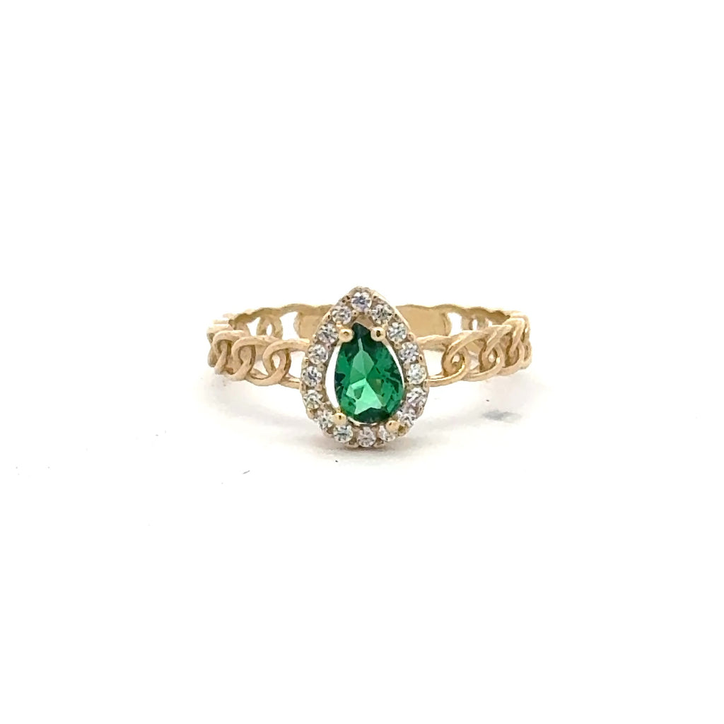 Ring Link Band Green Teardrop Stone and CZ 7 2.5mm 10K