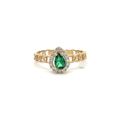Ring Link Band Green Teardrop Stone and CZ 7 2.5mm 10K