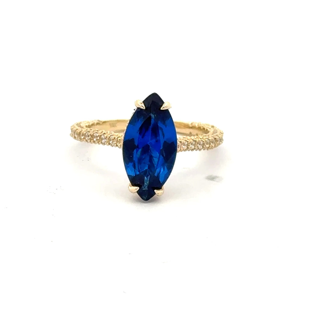 Ring Women CZ-Iced Band Royal Blue Cat Eye Stone 6.5 1.5mm 10K