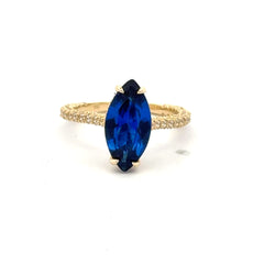 Ring Women CZ-Iced Band Royal Blue Cat Eye Stone 6.5 1.5mm 10K