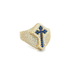 Ring CZ-Iced Shield Angular Blue Cross 11 4mm 10K