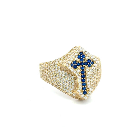 Ring CZ-Iced Shield Angular Blue Cross 11 4mm 10K