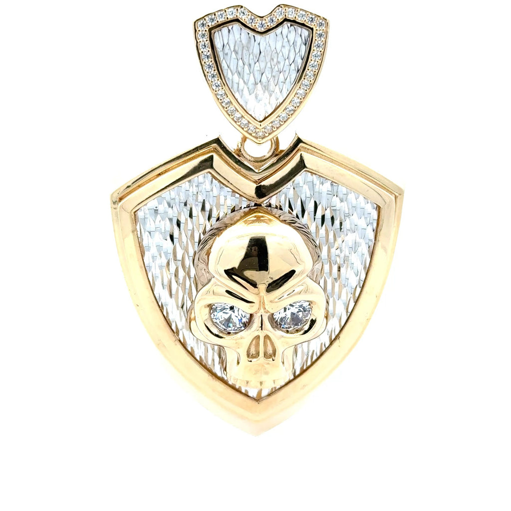 Pendant Crystal Clear-Eyed Skull on Hard Textured Two-Tone Shield 64 10K