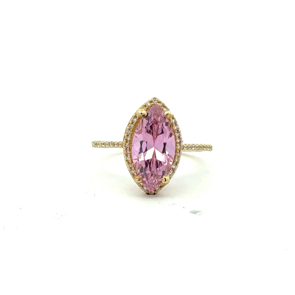 Ring Women Rose Cat Eye Stone and CZ 7 1.5mm 10K