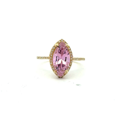 Ring Women Rose Cat Eye Stone and CZ 7 1.5mm 10K