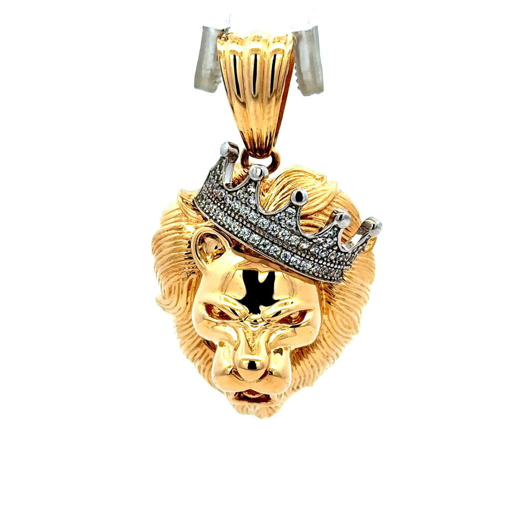 Pendant Roaring Lion Head with Crown & CZ 45 14K
